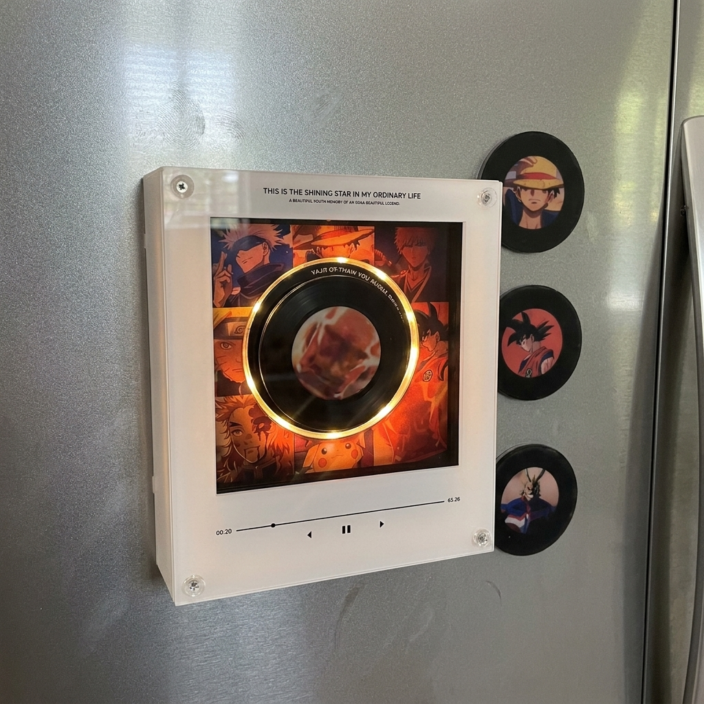 AniVinyl music player on fridge glowing